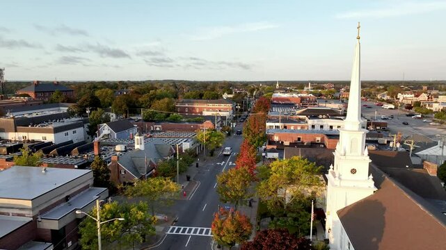 aerial push beyond church steeple in downtown Hyannis Massachusetts