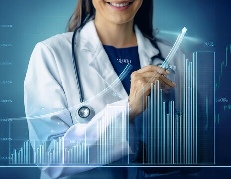 Female doctor pointing upwards arrow graph showing medical costs increase