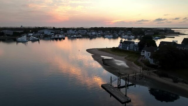 slow aerial push toward sun rising in hyannis port, hyannisport massachusetts