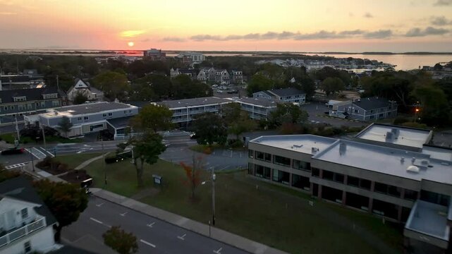 aerial push over church in Hyannis Massachusetts