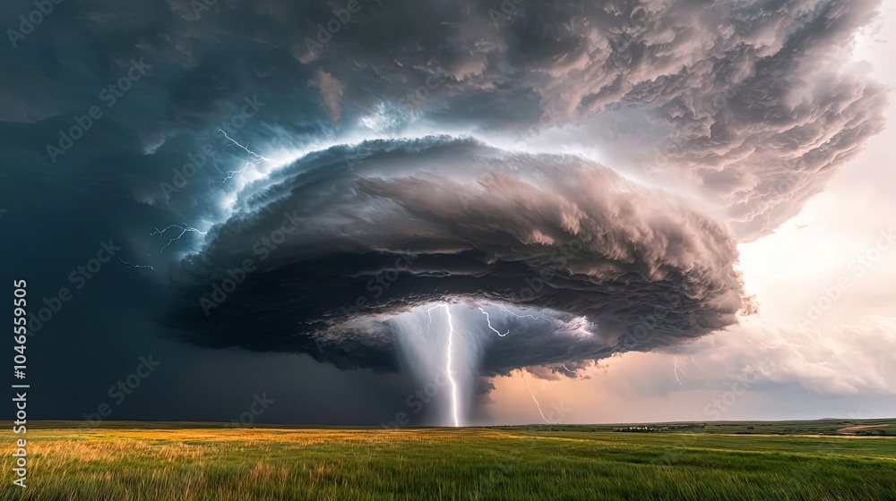 Poster Dramatic storm cloud with lightning over a vast open field.