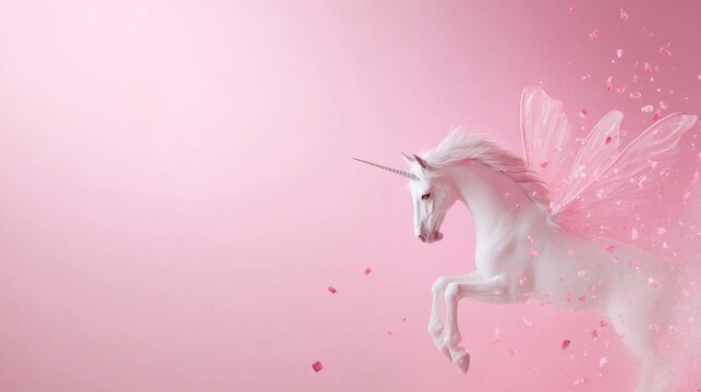 Photo of, Pink background with minimalist fantasy elements like fairies and unicorns for design, banner template