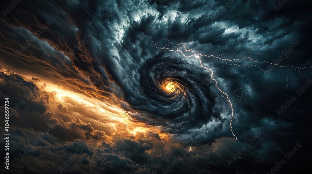 Poster dramatic swirling storm clouds with lightning and an orange glow, creating a powerful scene.