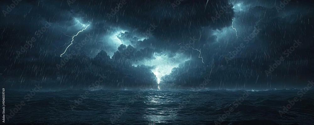 Poster Stormy sky over the ocean with lightning and thunder, creating a dramatic atmosphere.