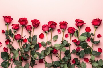 Beautiful red roses and petals on pale pink background, flat lay. Space for text with generative ai