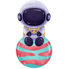 Astronaut Sitting on a Planet Watercolor Illustration