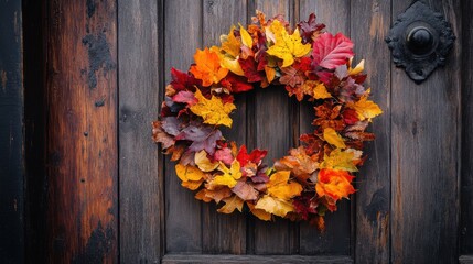 Fototapeta premium Autumn wreath hanging on a wooden door