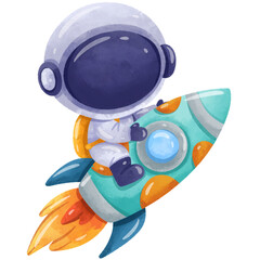 Astronaut Riding a Rocket Watercolor Illustration