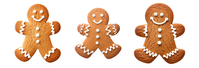 Gingerbread man cookie with white icing decoration, isolated on a white transparent background. Festive holiday treat concept