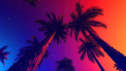 Obraz premium Vibrant palm trees reaching skyward under a colorful twilight sky on a tranquil evening