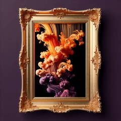 A golden frame with a purple and orange ink cloud explosion inside, creating a vibrant and artistic composition.