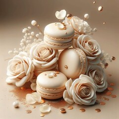 A group of beige macarons with white roses and gold accents, arranged in a luxurious and elegant composition.