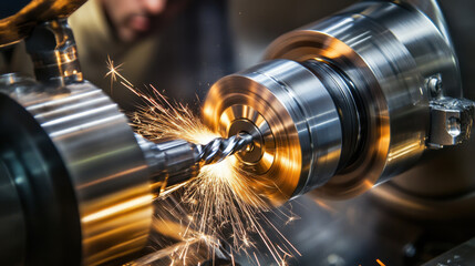 Sparks fly as drill bit engages with metal in focused shot, showcasing precision and intensity of machining. dynamic scene captures essence of metalworking