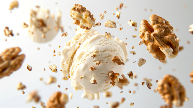Close-up of walnuts and a ball of ice cream floating in the air on a white background. Delicious sweet refreshing dessert. The feeling of movement, pleasure and excitement