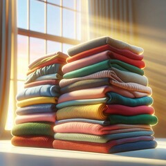 Two stacks of folded clothes in various colors are arranged in a room bathed in sunlight.