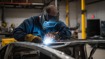 Mechanic in Safety Glasses Welding Car Frame