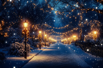 A snowy night scene with street lamps and trees covered in snow