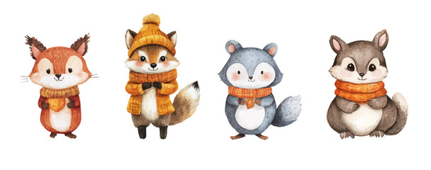 Animal vector set,  watercolor. Colorful and cute clip art illustrations, perfect for greeting cards, invitations, banners, posters, textile, covers.