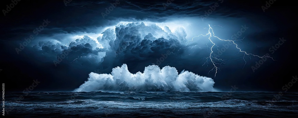 Poster dramatic storm clouds over turbulent ocean waves during a lightning display.