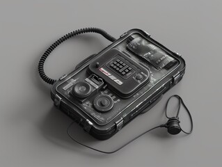 A 3D render of a dictaphone with a protective carrying case