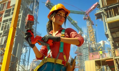 A female construction worker holding a tool.