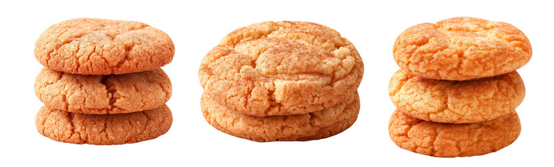 Delicious and tasty snickerdoodle cookies expertly stacked isolated on white transparent background.