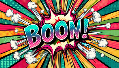Obraz premium Comic book style boom text with colorful burst background 