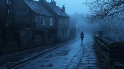 Fototapeta premium Mysterious Foggy Streets of a Northern UK Small Town at Dusk, Evoking a Thriller Vibe with Dim Streetlights, Moody Atmosphere, and an Eerie Late Evening Setting.