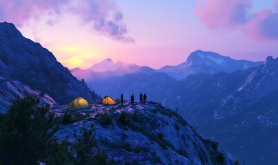 Campers watch sunrise over mountain range.