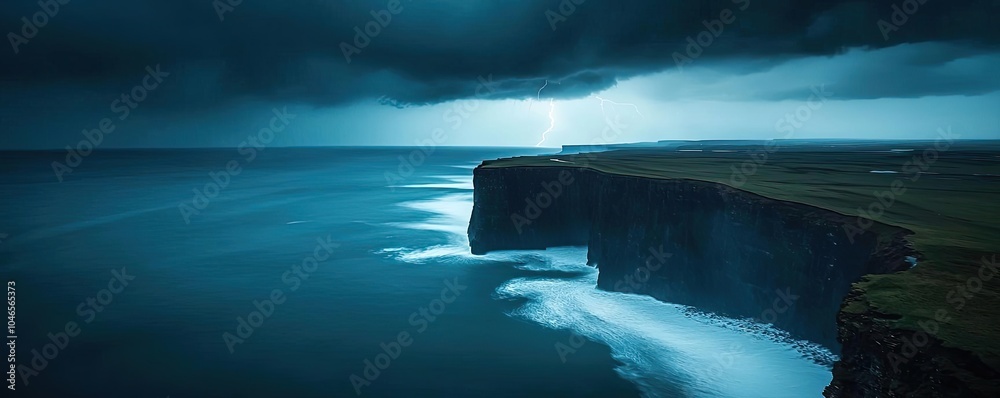 Poster stormy sea view with cliffs under dramatic dark clouds and lightning.