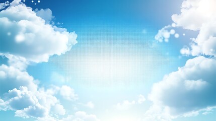 A bright blue sky with fluffy white clouds and a sunlit background.