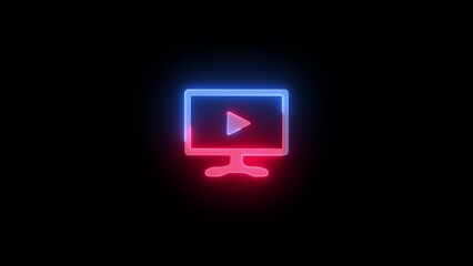 Neon Computer Monitor with Play Button Icon