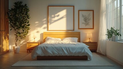 Fototapeta premium Bright bedroom with a blank lamp
