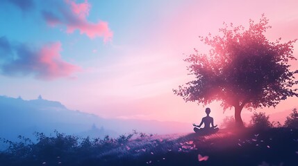 A serene nature scene for World Mental Health Day, showing a person meditating under a soft blue and pink sky, promoting inner peace