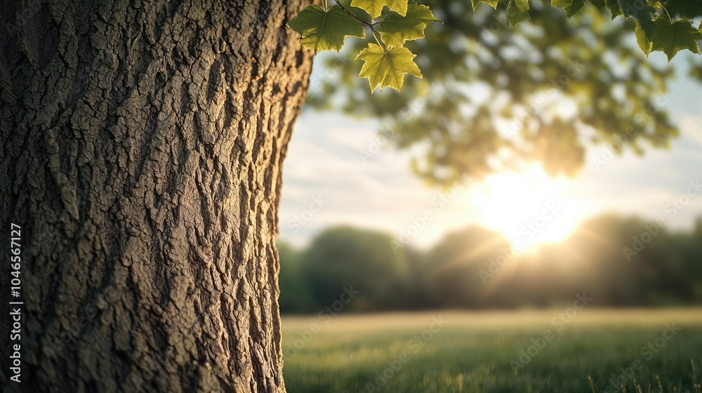 Poster tree trunk with sunlight peeking through lush leaves in a serene landscape.