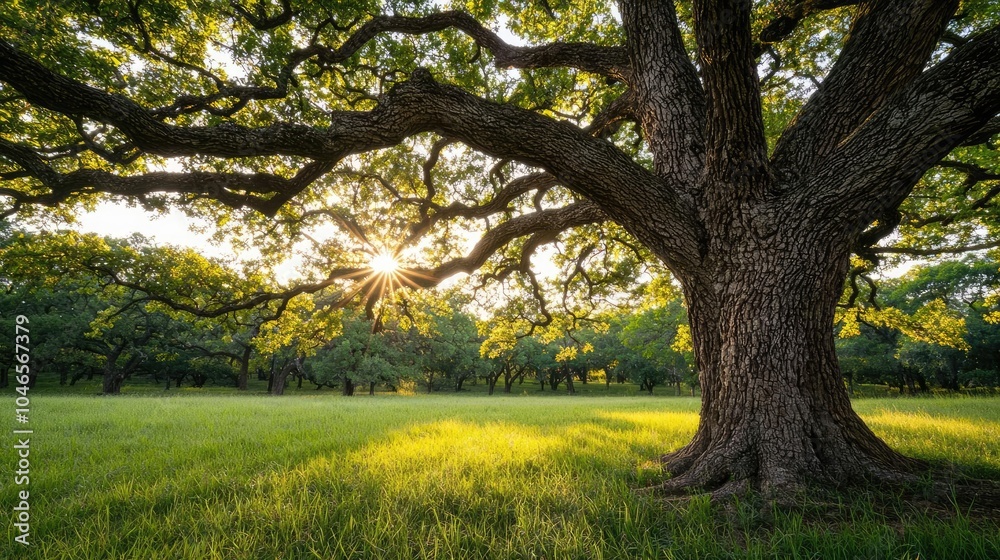 Poster majestic tree with sprawling branches, sunbeams shining through leaves in a serene field.