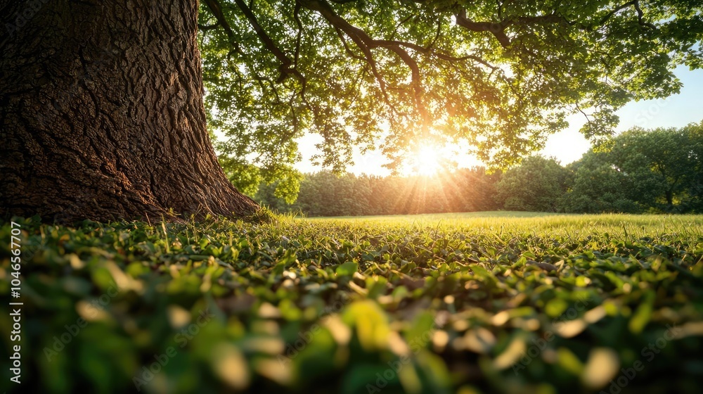 Poster sunlight filtering through tree leaves, casting shadows on a grassy field.