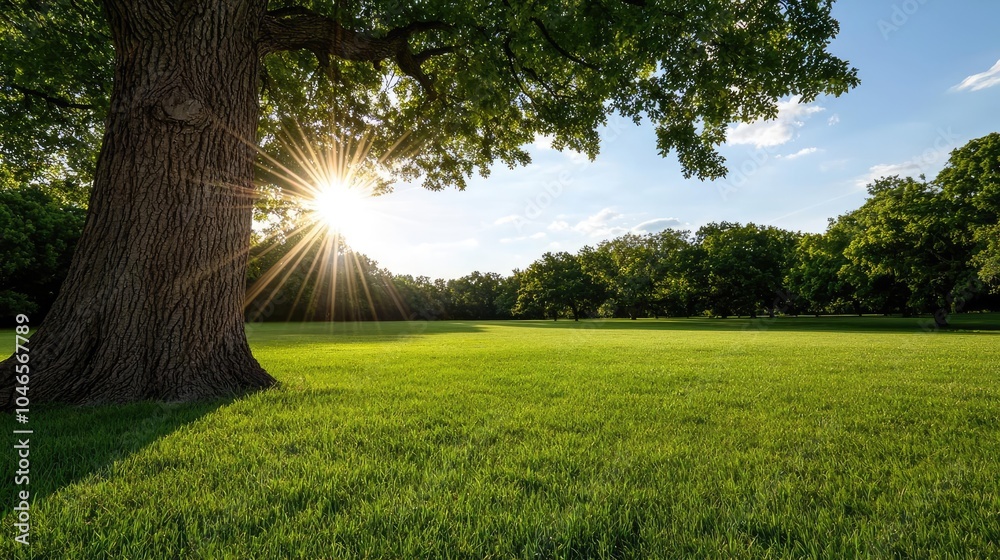 Aufkleber sunlight filtering through trees over a vast green meadow at sunset.