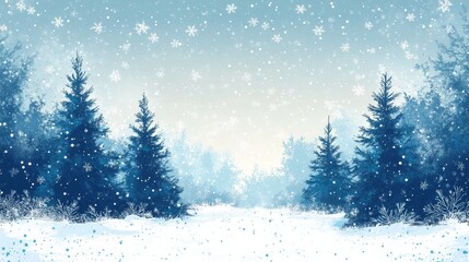 Magical Christmas Background with Twinkling Lights, Frosted Christmas Trees, Snowflakes, and a Cool Blue and White Color Scheme, Evoking a Winter Wonderland in Vector Art Style.