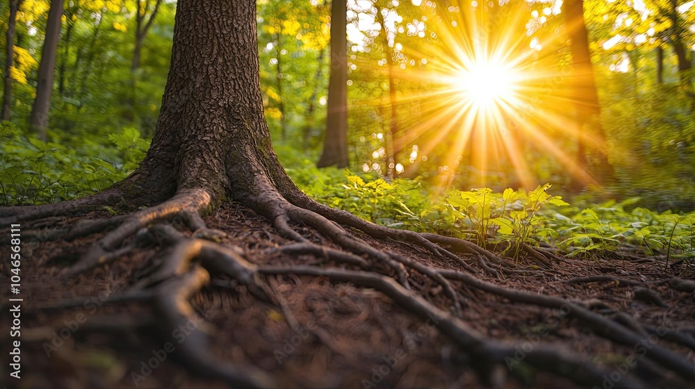 Aufkleber Tree roots illuminated by sunlight in a serene forest setting.