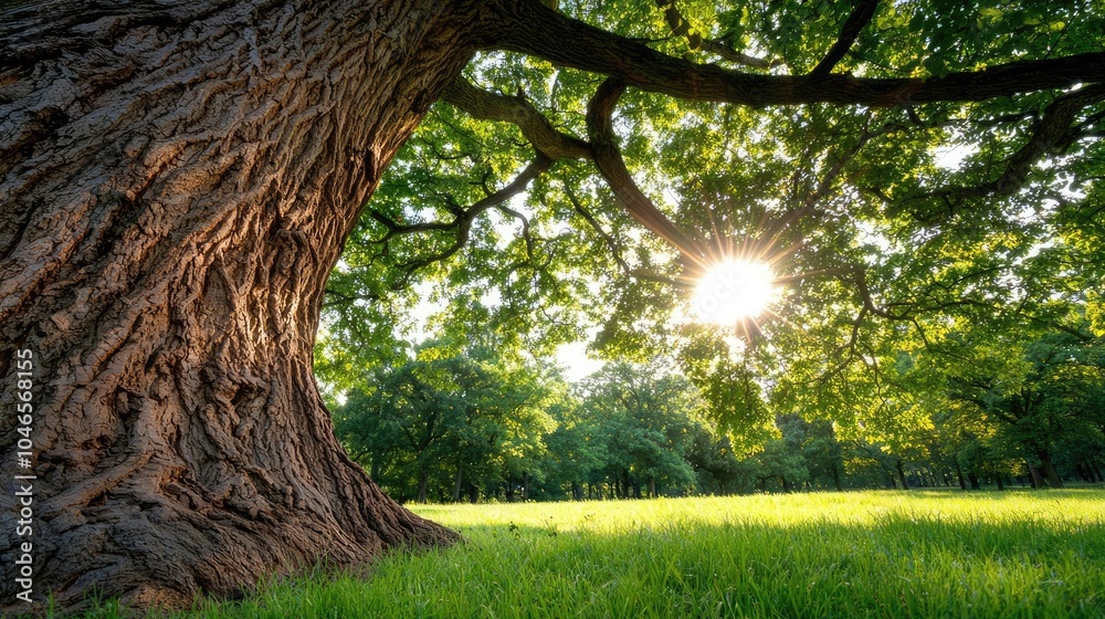 Poster sunlight shining through lush green leaves of a large tree.