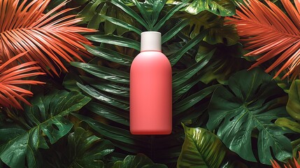 Tropical Paradise Haircare: Coral Shampoo Bottle Mockup in Lush Greenery 