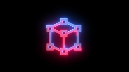 Neon 3d box icon blue red color glowing black background