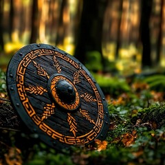Naklejka premium Ancient Shield Surrounded by Lush Forest A Symbol of Timeless Strength and Nature's Beauty