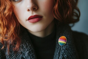Redhead woman with rainbow pin promoting LGBTQ+ rights