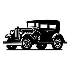 "Classic car with racing stripes" Black vector silhouette, On White Background