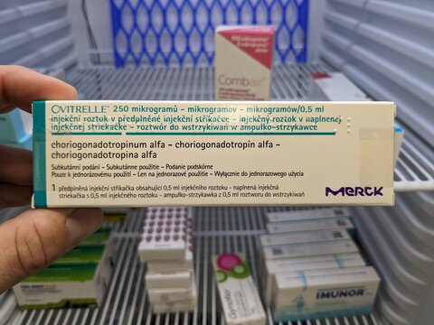 Prague,Czech Republic-October 9 2024: Ovitrelle by MERCK contains CHORIOGONADOTROPIN ALFA, used in fertility treatments to trigger ovulation in women undergoing assisted reproductive procedures.

