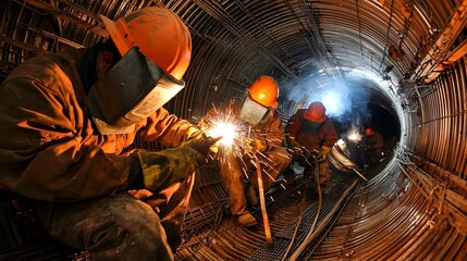 Steel welders working inside a tunnel reinforcing the structure with metal rods and beams as part of an infrastructure construction project