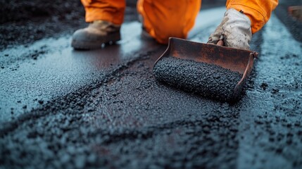 Worker spreading asphalt with shovel during road construction