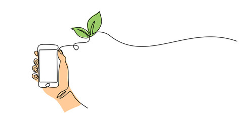 Eco-Friendly Technology Hand Holding Cellphone with Leaf Symbol Continuous Line Art